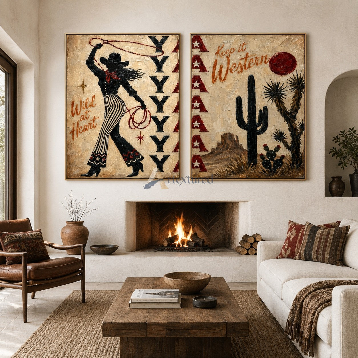 Western Cowgirl Wall Art Set – Rustic Desert Canvas Painting#LL20260034
