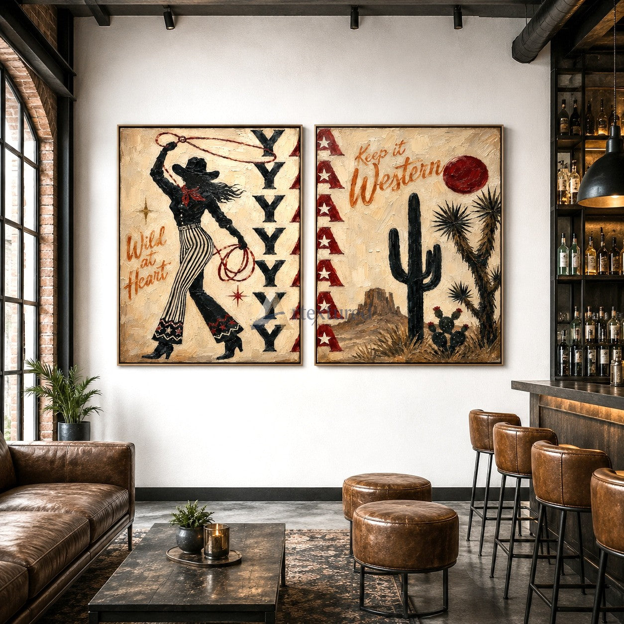 Western Cowgirl Wall Art Set – Rustic Desert Canvas Painting#LL20260034