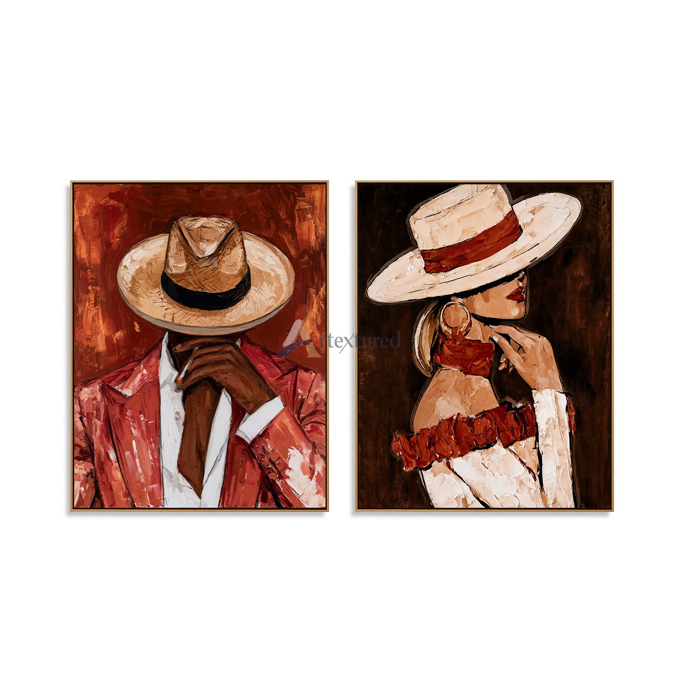 Fashion Couple Portrait Wall Art Set – Textured Canvas Painting#LL20260037