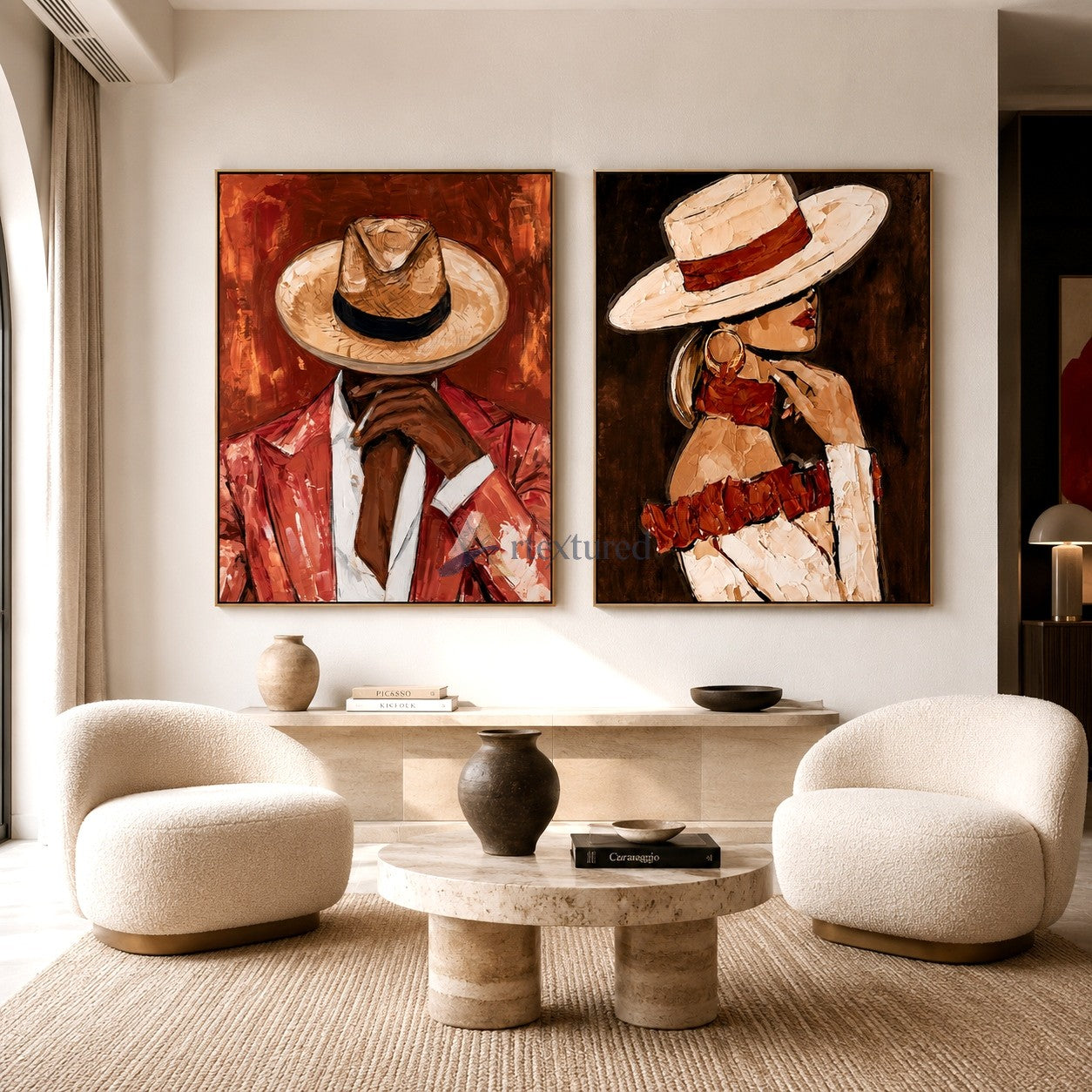 Fashion Couple Portrait Wall Art Set – Textured Canvas Painting#LL20260037