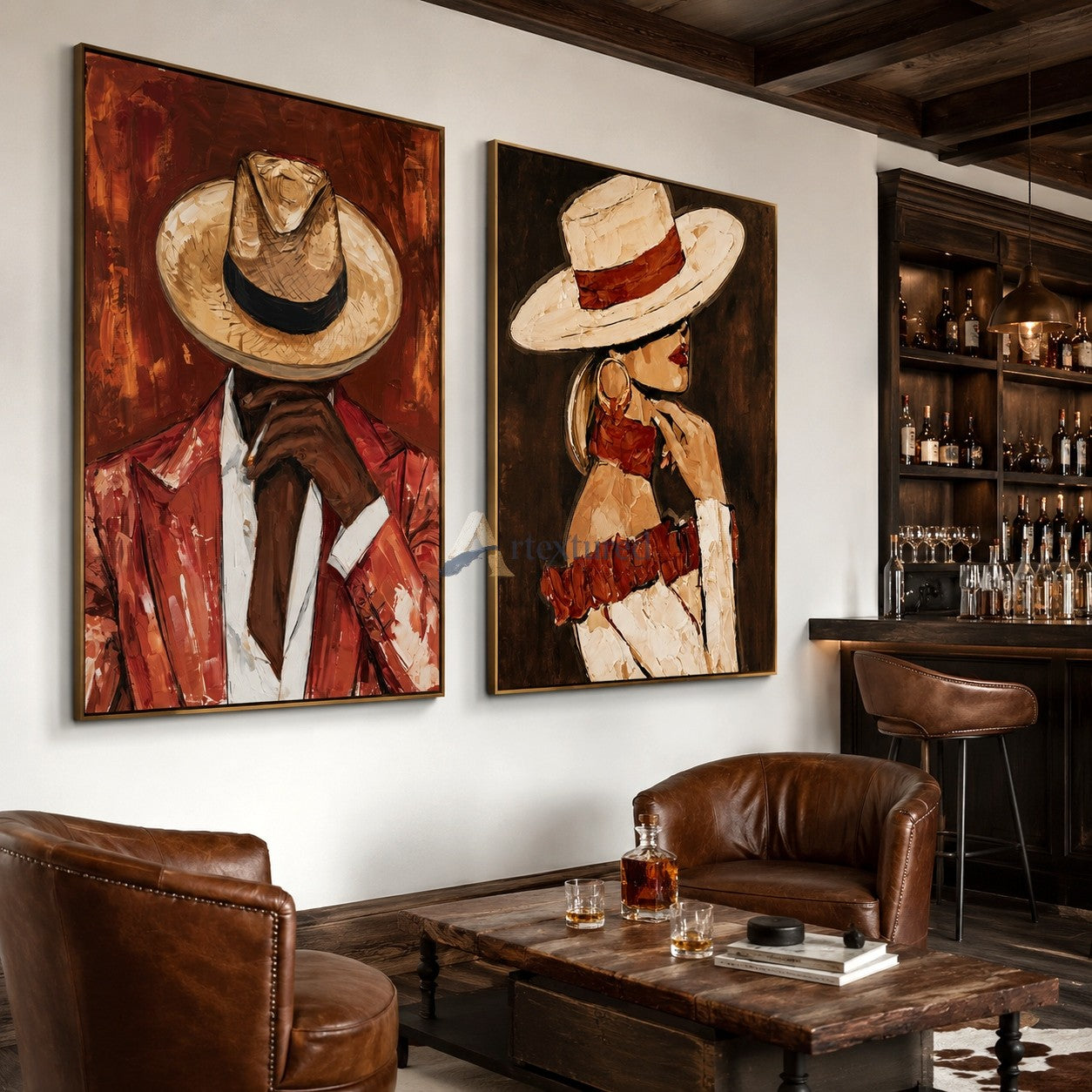 Fashion Couple Portrait Wall Art Set – Textured Canvas Painting#LL20260037