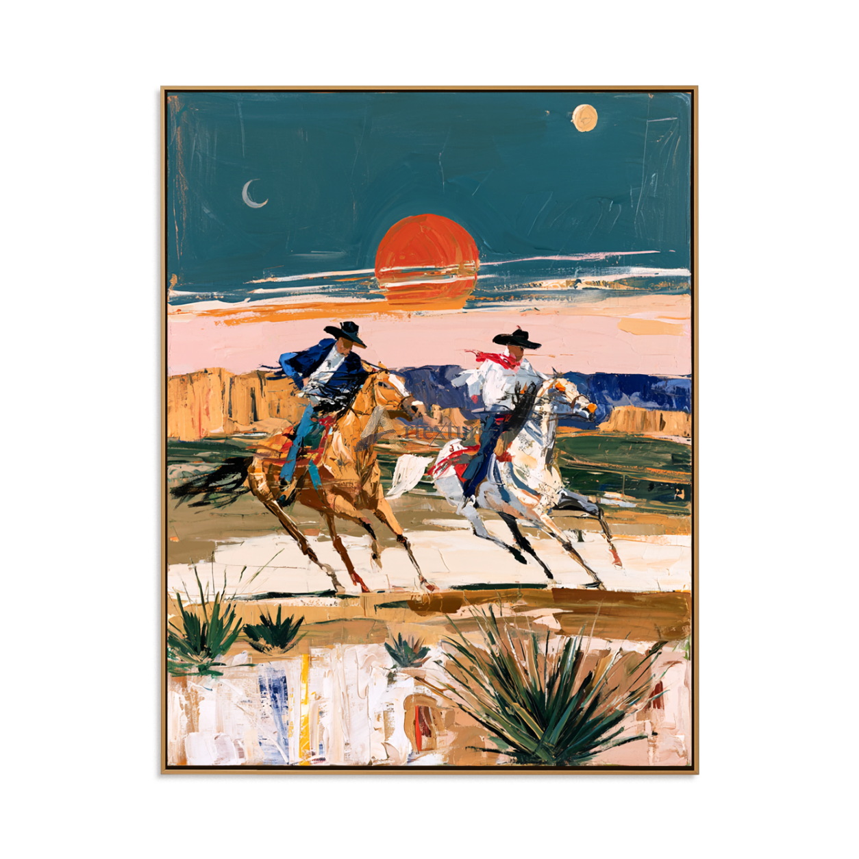 Riders at Dusk – Textured Western Cowboy Painting#LL20260045
