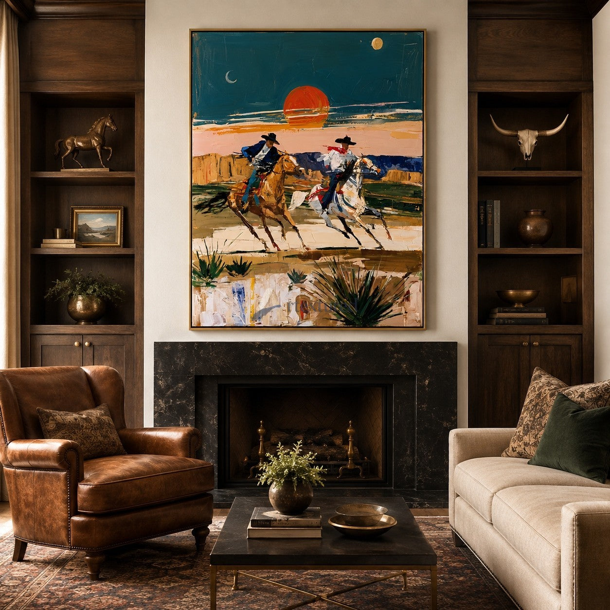 Riders at Dusk – Textured Western Cowboy Painting#LL20260045