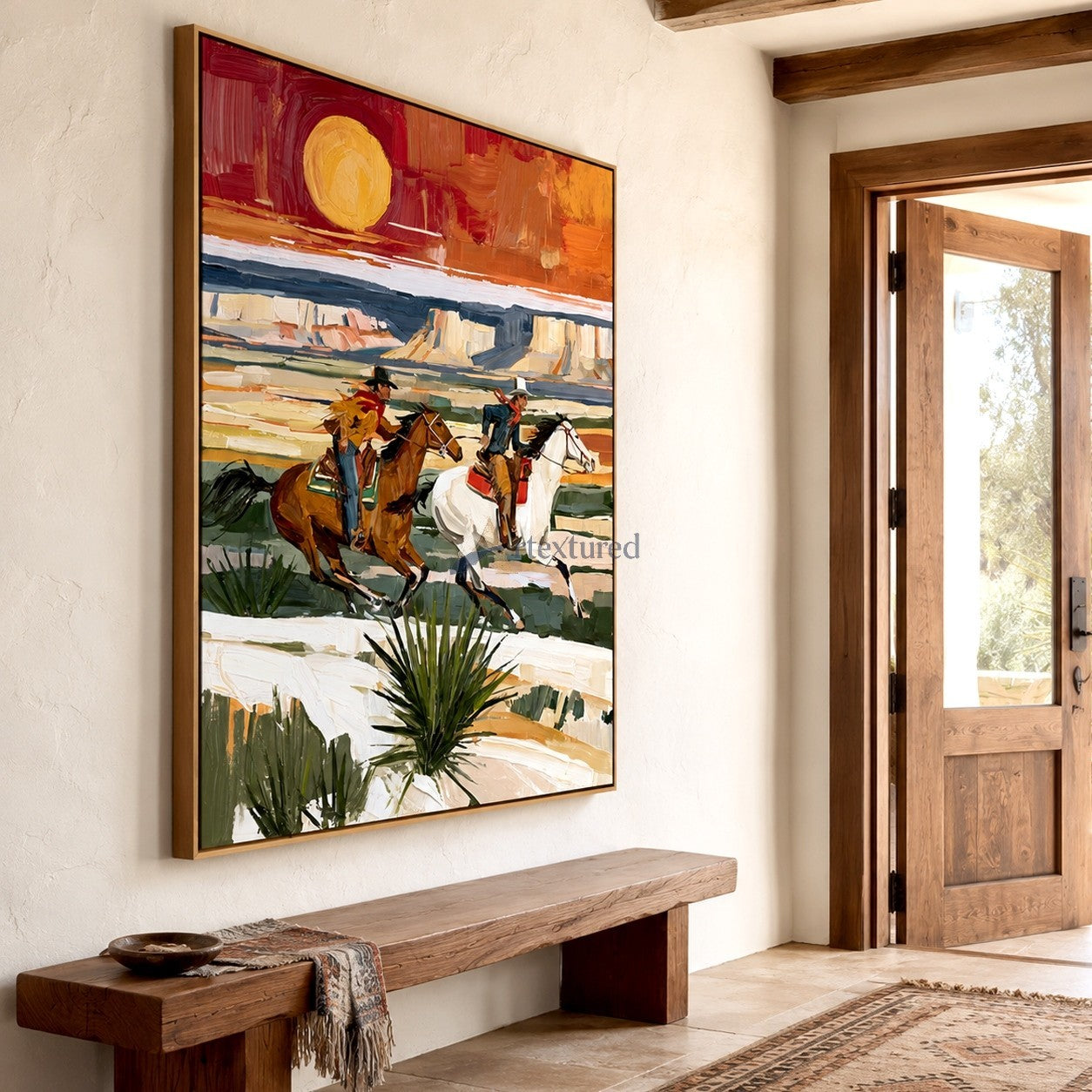 Chasing the Sun – Textured Western Horseback Riding Painting#LL20260046