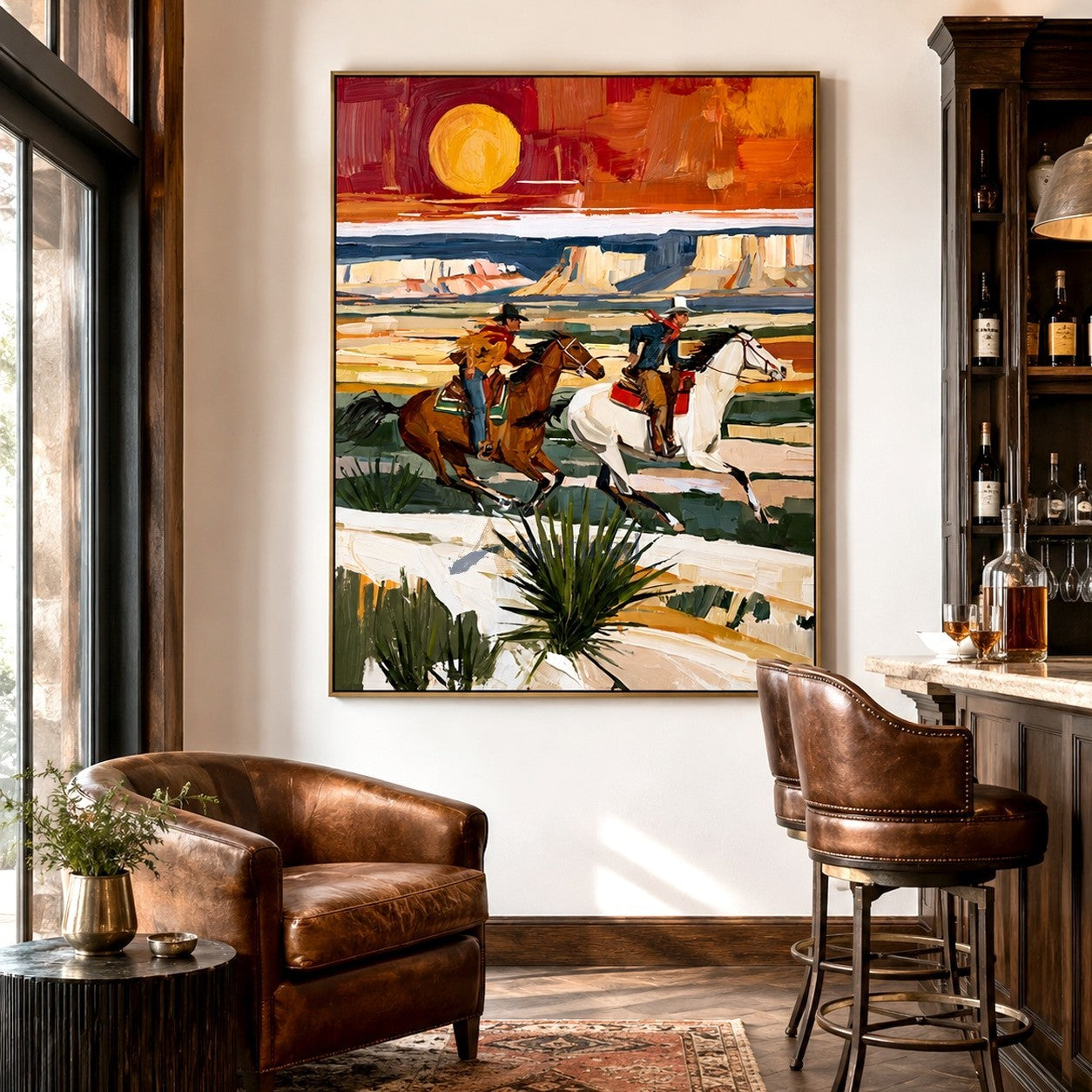Chasing the Sun – Textured Western Horseback Riding Painting#LL20260046