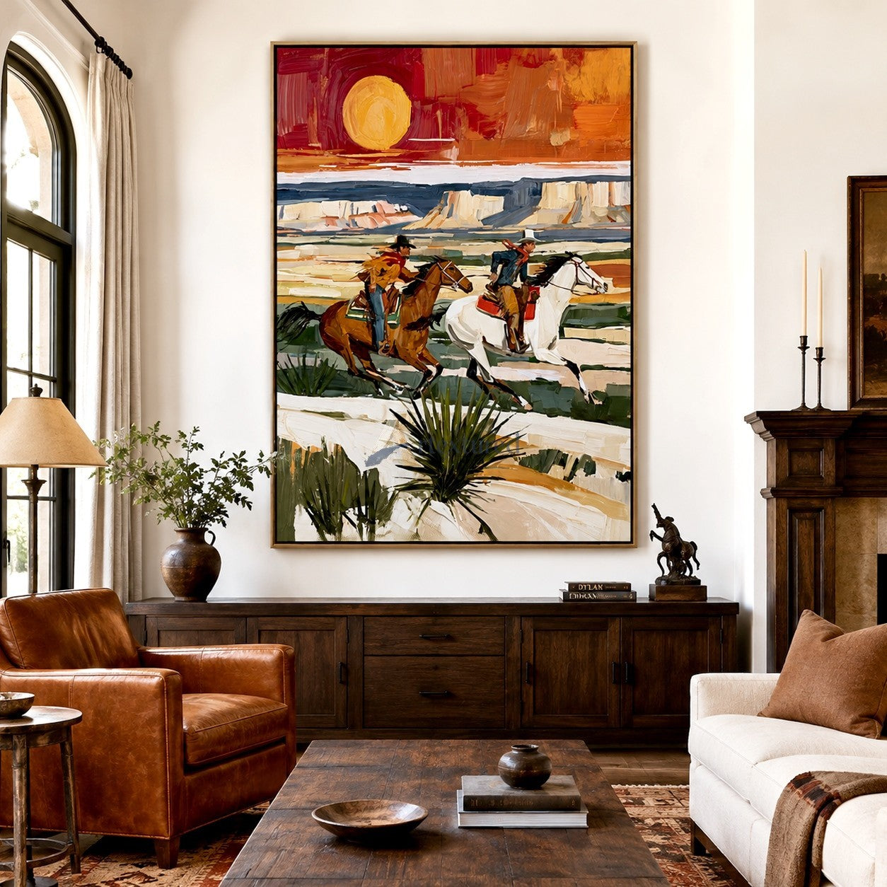 Chasing the Sun – Textured Western Horseback Riding Painting#LL20260046