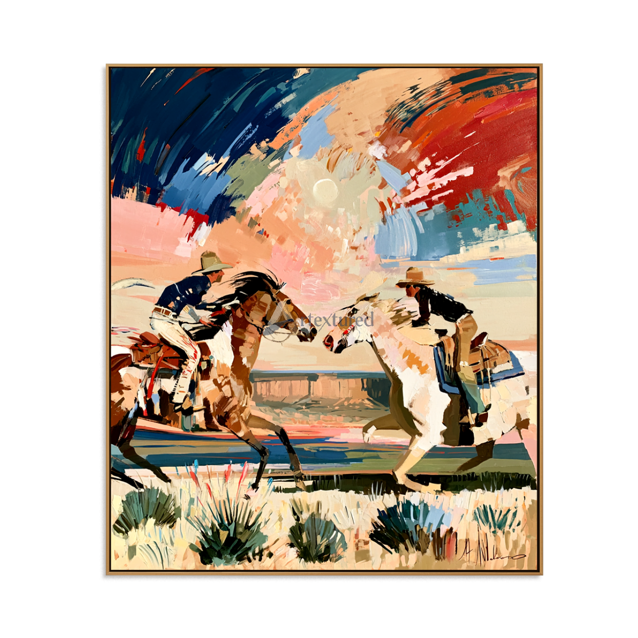 Crossing Paths – Dynamic Western Cowboy Painting#LL20260050