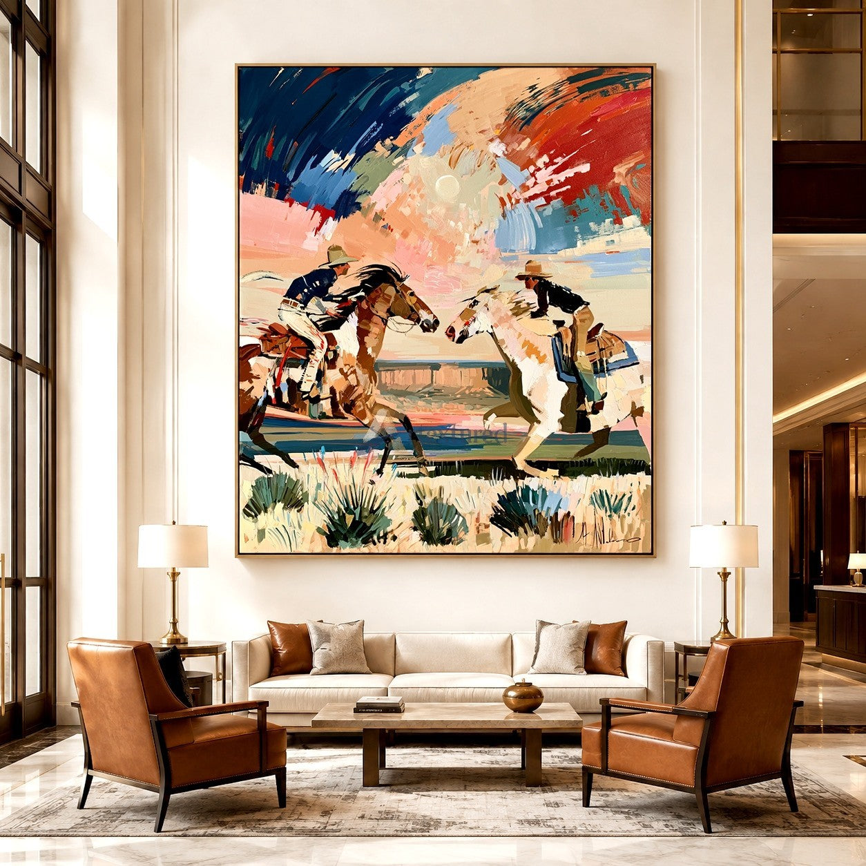 Crossing Paths – Dynamic Western Cowboy Painting#LL20260050
