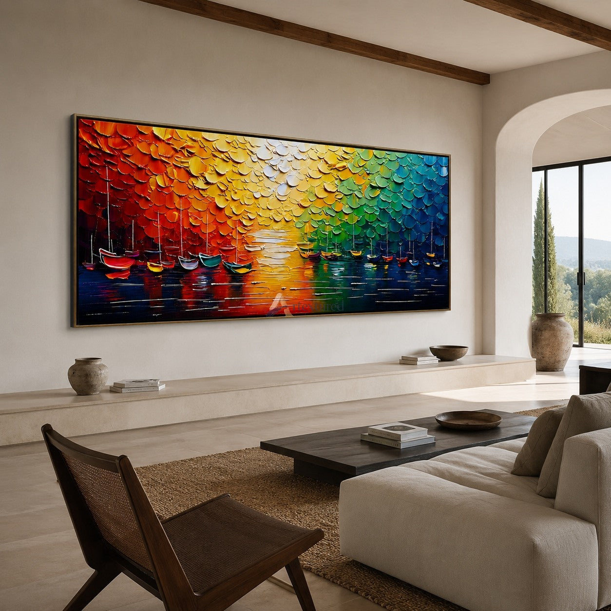 Chromatic Harbor – Hand-Painted Colorful Sailboat Oil Painting#LL20260073