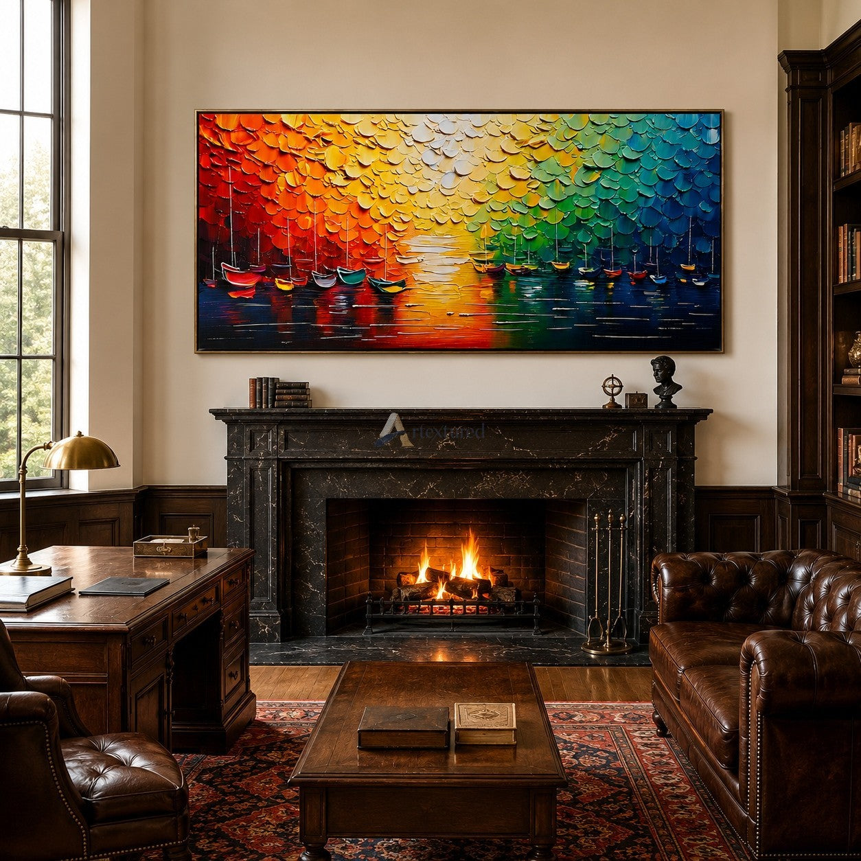 Chromatic Harbor – Hand-Painted Colorful Sailboat Oil Painting#LL20260073