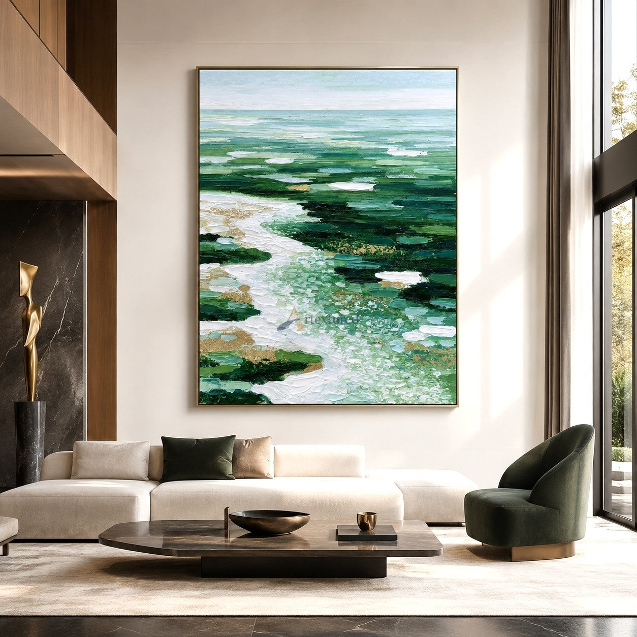 Emerald Tides – Hand-Painted Green Abstract Seascape Oil Painting#LL20260074