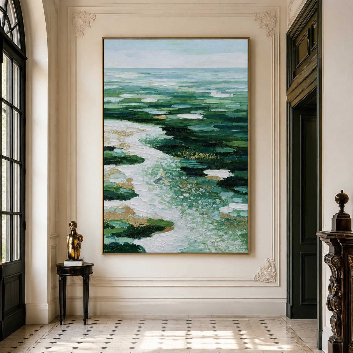 Emerald Tides – Hand-Painted Green Abstract Seascape Oil Painting#LL20260074