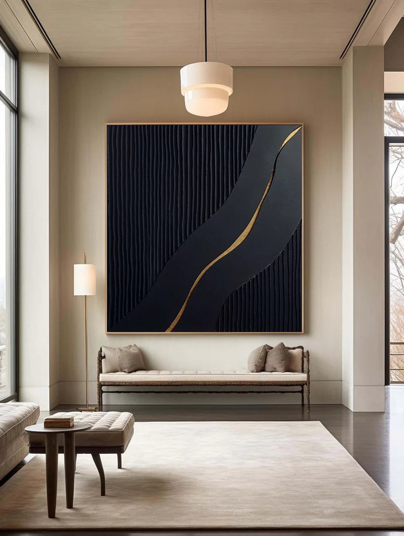 Modern Black Textured Wall Art - Abstract Square Canvas with Golden Accent