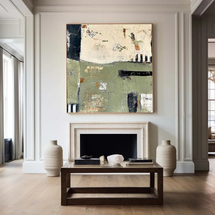 Layers of Time - Modern Green Abstract Oil Painting with Texture