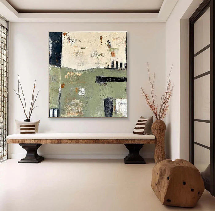 Layers of Time - Modern Green Abstract Oil Painting with Texture