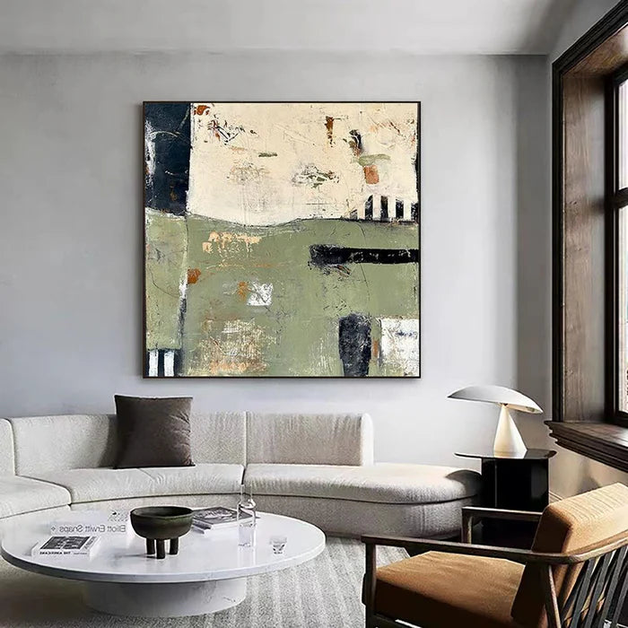 Layers of Time - Modern Green Abstract Oil Painting with Texture