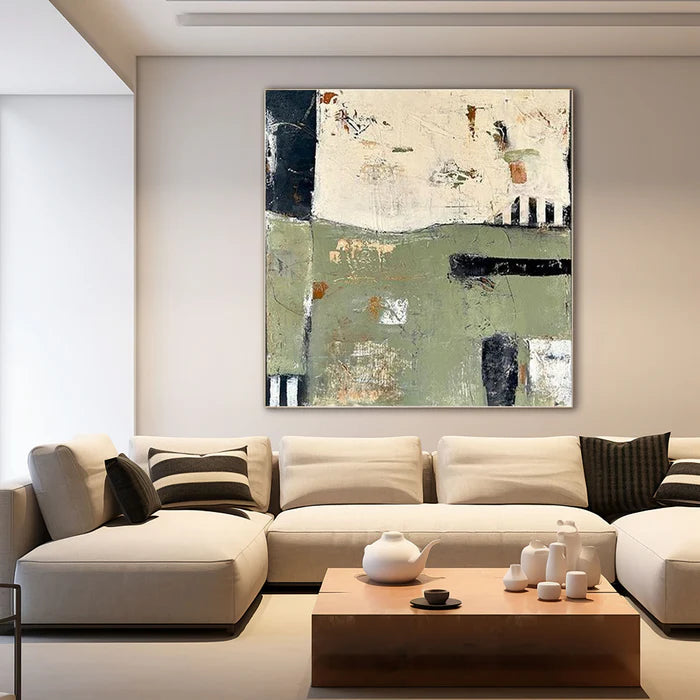 Layers of Time - Modern Green Abstract Oil Painting with Texture