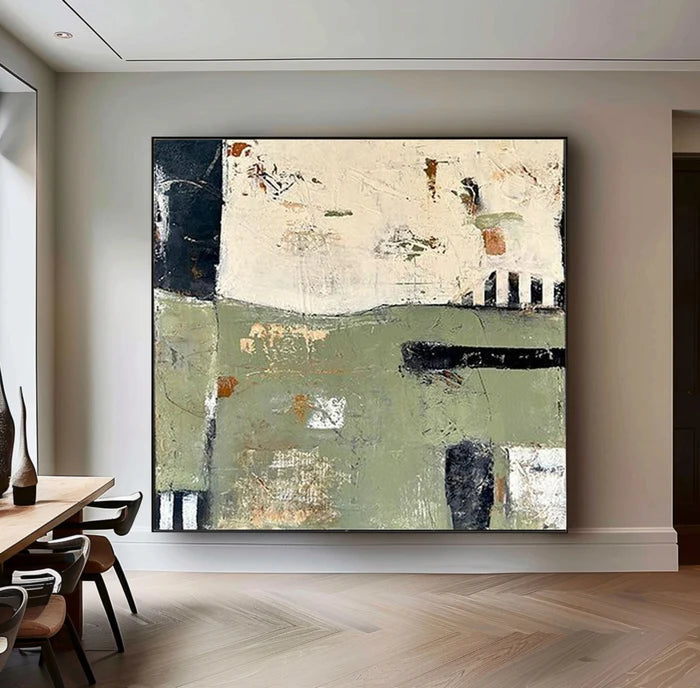 Layers of Time - Modern Green Abstract Oil Painting with Texture