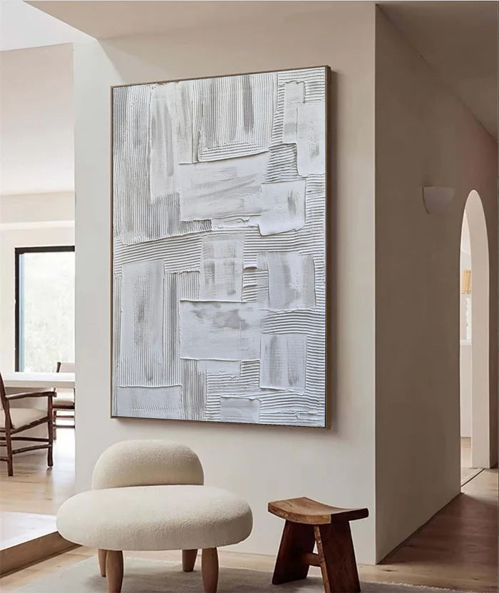Minimalist White Textured Oil Painting - Modern Abstract Wall Art