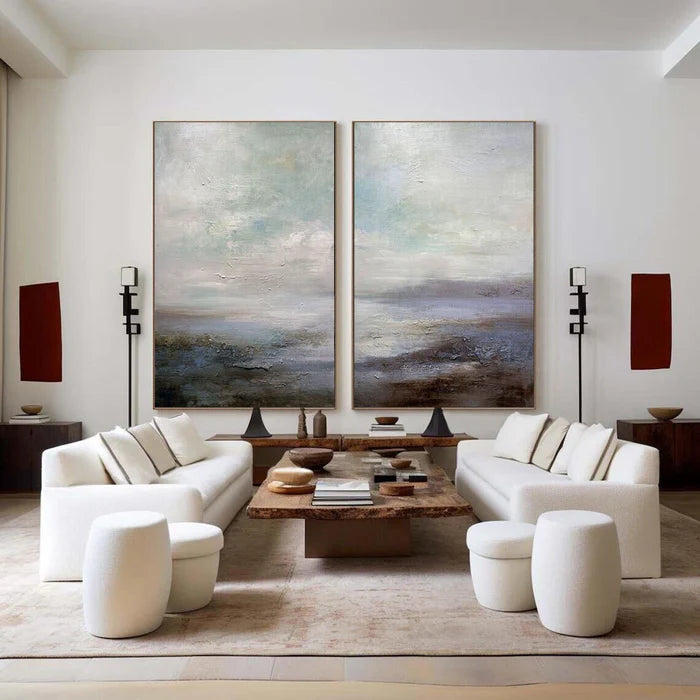 Serene Abstract Landscape Canvas Art - Ocean and Sky Painting Set of 2