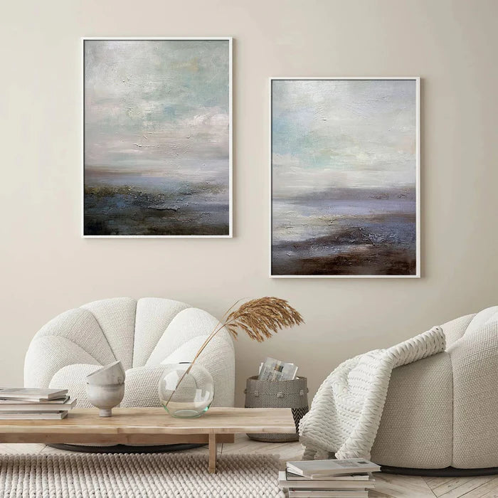 Serene Abstract Landscape Canvas Art - Ocean and Sky Painting Set of 2