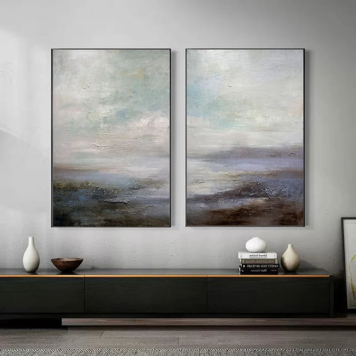 Serene Abstract Landscape Canvas Art - Ocean and Sky Painting Set of 2