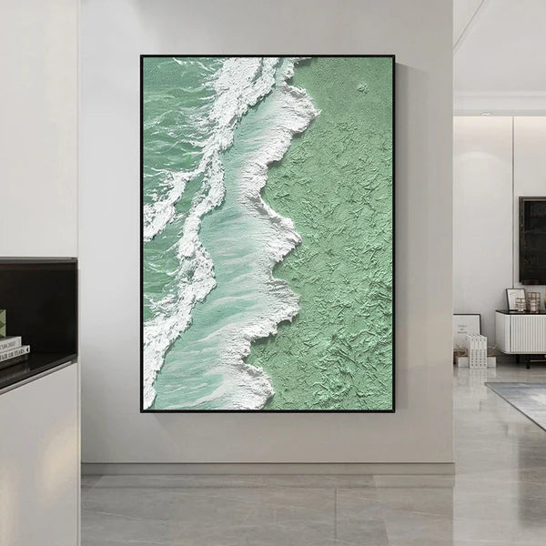 Green and White Ocean Shoreline Textured Canvas Art