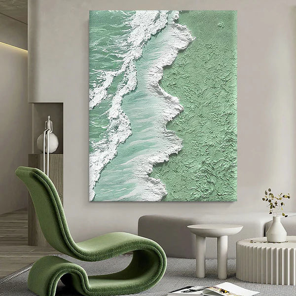 Green and White Ocean Shoreline Textured Canvas Art