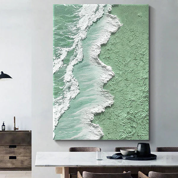 Green and White Ocean Shoreline Textured Canvas Art