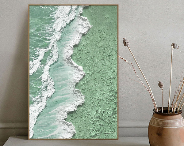 Green and White Ocean Shoreline Textured Canvas Art