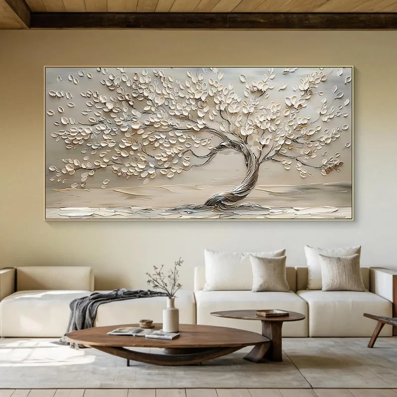 Serenity bloom tree textured neutral 3d leaf abstract landscape art