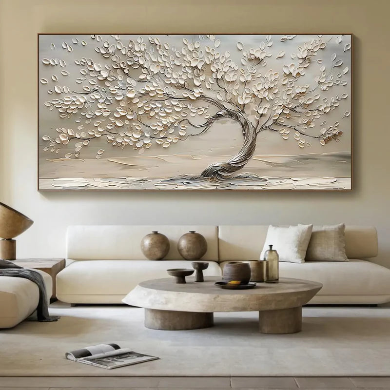 Serenity bloom tree textured neutral 3d leaf abstract landscape art