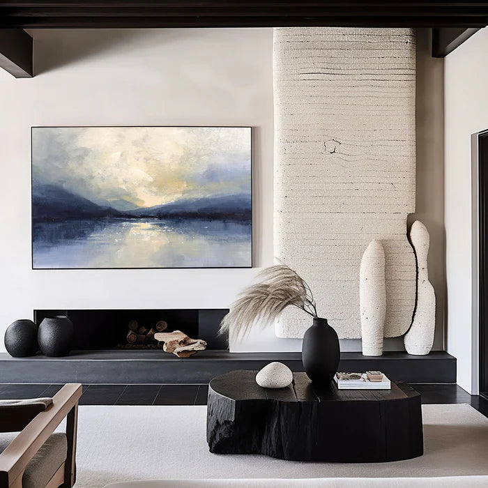 Silent Horizon - Hand-Painted Blue Abstract Landscape Oil Painting