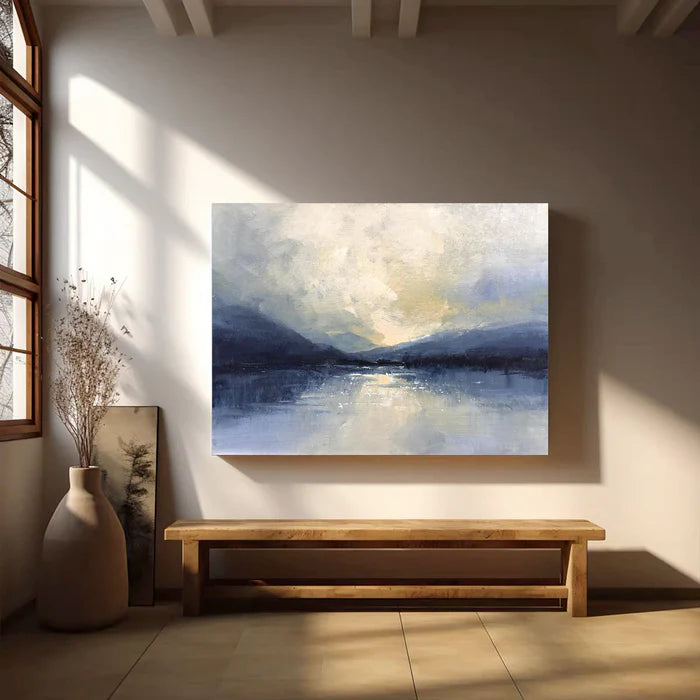 Silent Horizon - Hand-Painted Blue Abstract Landscape Oil Painting