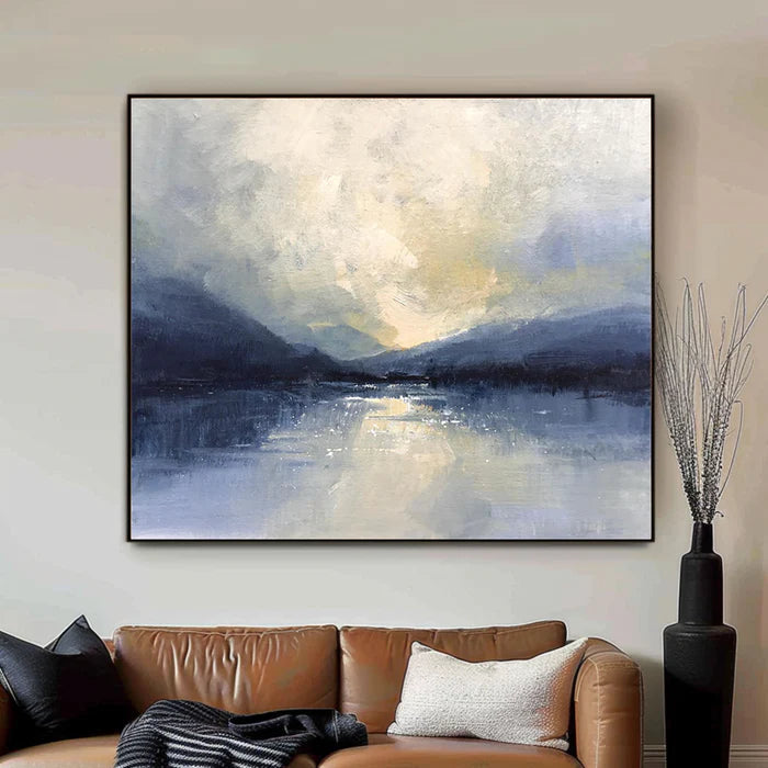 Silent Horizon - Hand-Painted Blue Abstract Landscape Oil Painting