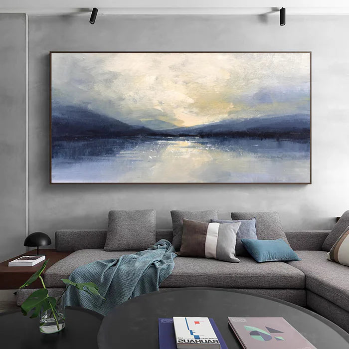 Silent Horizon - Hand-Painted Blue Abstract Landscape Oil Painting
