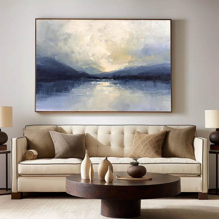 Silent Horizon - Hand-Painted Blue Abstract Landscape Oil Painting