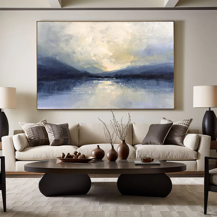 Silent Horizon - Hand-Painted Blue Abstract Landscape Oil Painting