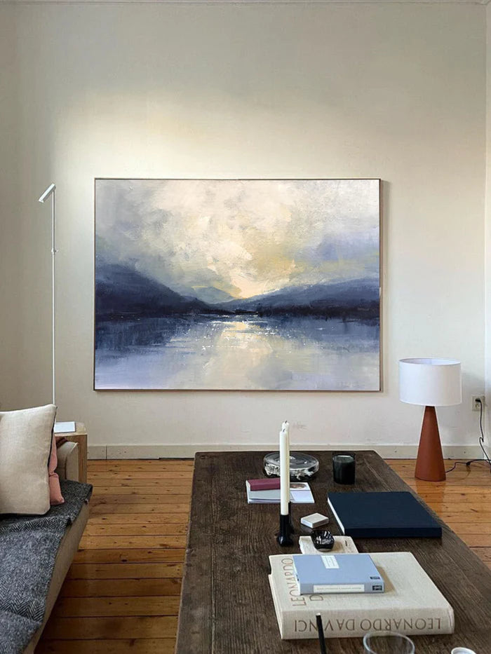 Silent Horizon - Hand-Painted Blue Abstract Landscape Oil Painting