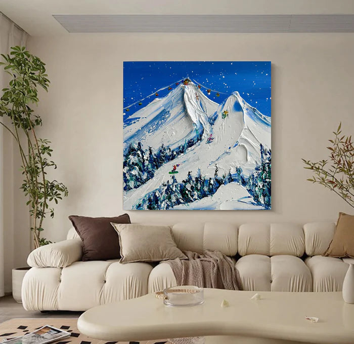 Snowy Mountain Ski Lift Scene - Winter Sports Textured Oil Painting