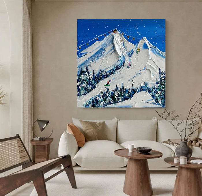 Snowy Mountain Ski Lift Scene - Winter Sports Textured Oil Painting