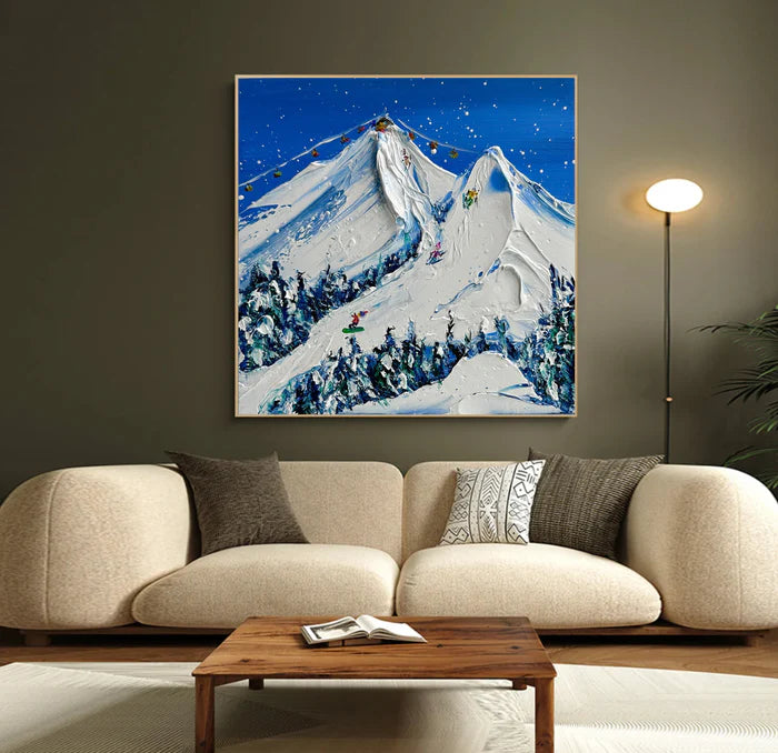 Snowy Mountain Ski Lift Scene - Winter Sports Textured Oil Painting