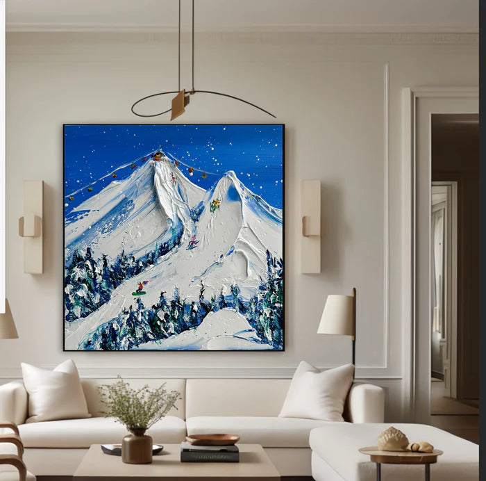 Snowy Mountain Ski Lift Scene - Winter Sports Textured Oil Painting