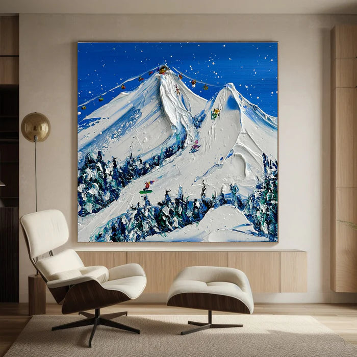 Snowy Mountain Ski Lift Scene - Winter Sports Textured Oil Painting