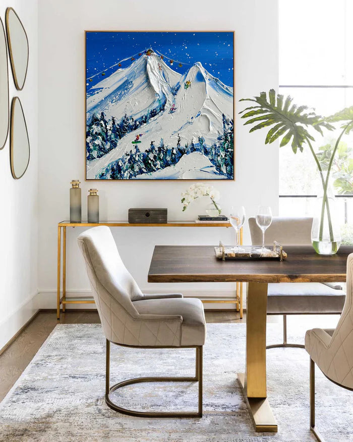 Snowy Mountain Ski Lift Scene - Winter Sports Textured Oil Painting