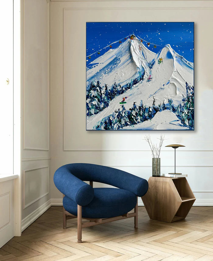 Snowy Mountain Ski Lift Scene - Winter Sports Textured Oil Painting