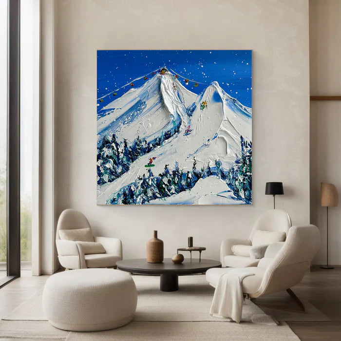 Snowy Mountain Ski Lift Scene - Winter Sports Textured Oil Painting