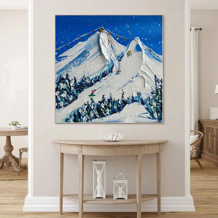 Snowy Mountain Ski Lift Scene - Winter Sports Textured Oil Painting