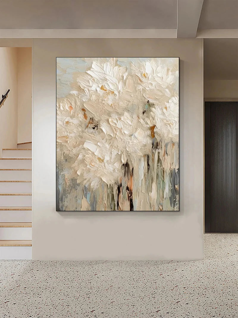 soft blooming textured cream floral abstract oil painting