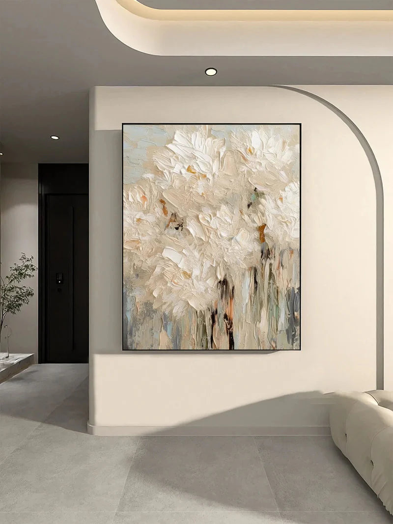 soft blooming textured cream floral abstract oil painting